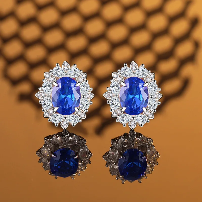 

PT950 Platinum Artificially Cultivated Gemstone Blue Green Pigeon Blood Red Female Earrings Set with Full Diamond Personality