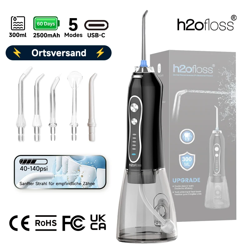 H2ofloss Munddusche Kabellos 140PSI 5 Modi 5 Aufsätze 300ml 2500mAh USB C Aufladbar Zahnreiniger für Zähne Empfindliches Zahnfleisch