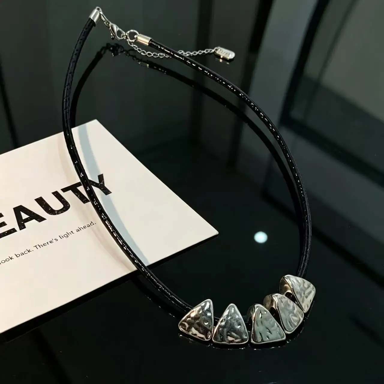 Indie style design sense Punk Girl Power Hip Hop  Personality Metal Triangle Pendant Black leather rope Collar chain