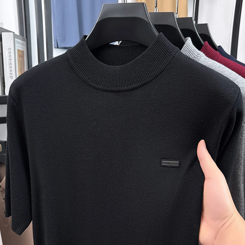 

High Quality Men Short-Sleeved Sweater Mock Neck Jacquard T-Shirt Casual Style Ventilate Comfortable Hot-Selling Men's Clothing
