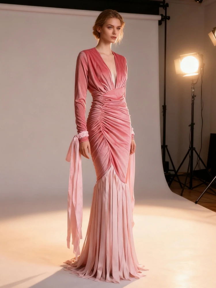 Sexy Deep V Neck Folds Patchwork Tassel Long Dress Women Pink Velvet Long Sleeves Slim Dresses Evening Party Gowns