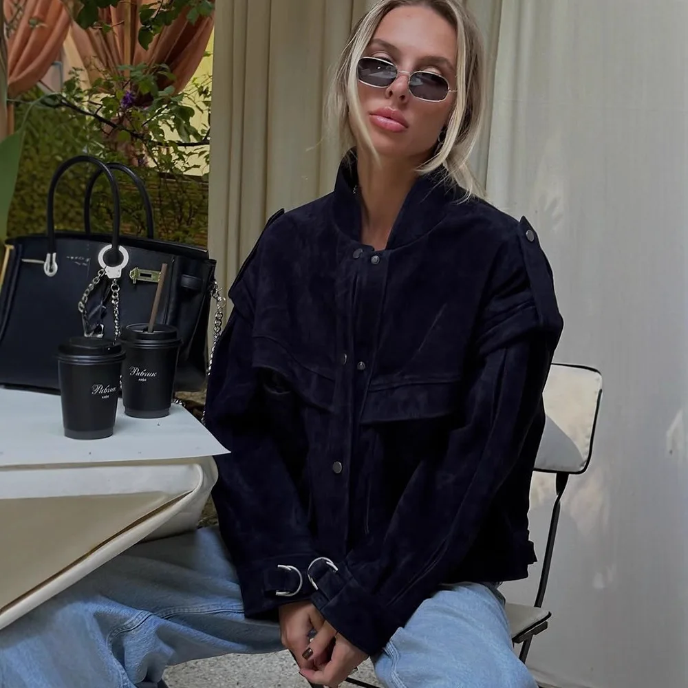 

Vintage Solid Women Jacket Oversize Full Sleeve Single Breasted Lady Coat 2025 Autumn Elegant Pocket Female Outwear