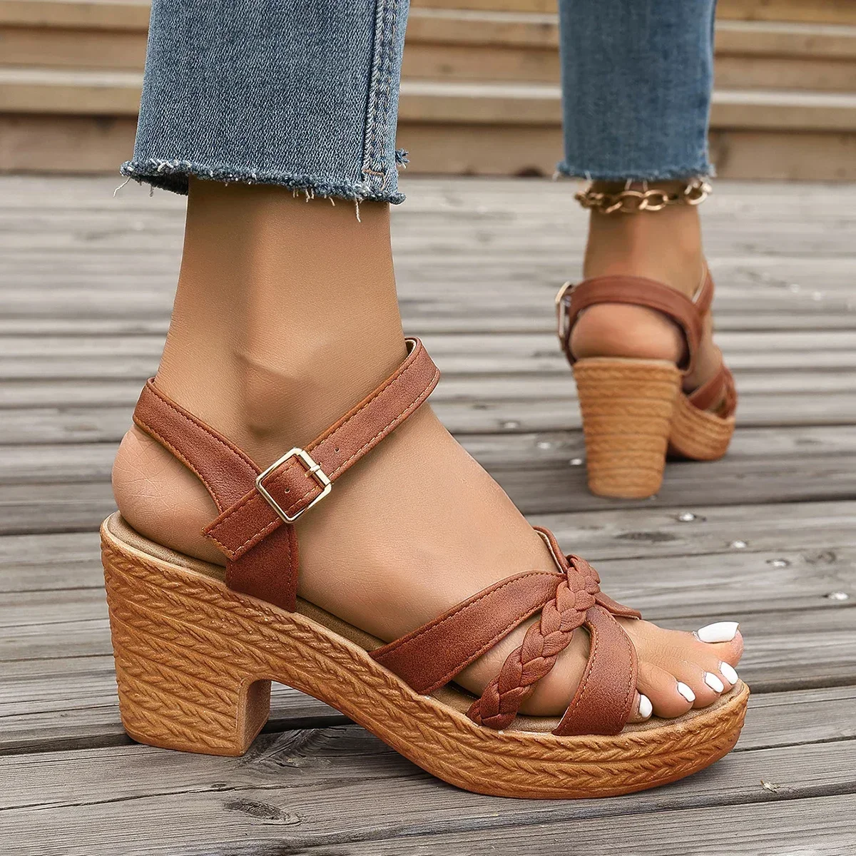 Ankle Strap High Heels Sandals for Women 2026 Summer Platform Gladiator Sandalias Mujer Weaving Cross Band Chunky Heeled Sandles