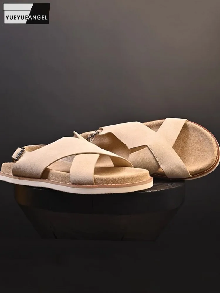 

Vintage Mens Summer Real Cow Suede Leather Gladiator Open Toe Buckle Strap Casual Outside Beach Shoes Flats Cross Strap Sandals