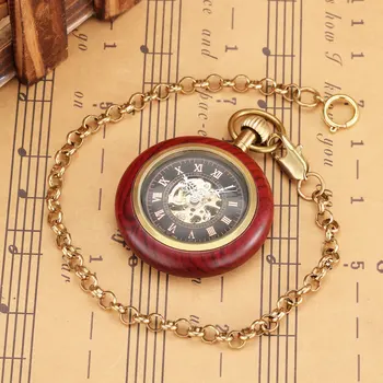 機械式手巻き懐中時計,赤い木,オープンフェイス,ピンクゴールド,ローマ数字のダイヤル,ヴィンテージ,ペンダントチェーン