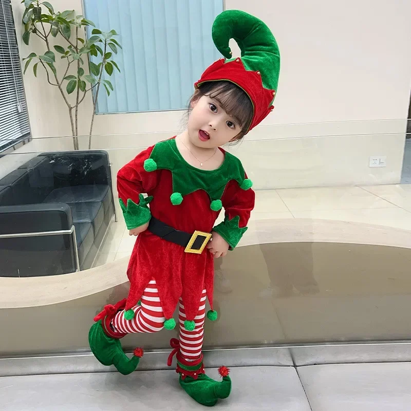 Costumes d'elfe de Noël pour enfants, tenues mignonnes, chaussures, chapeau, robe, chaussettes rayées, cosplay, enfants, filles, garçons