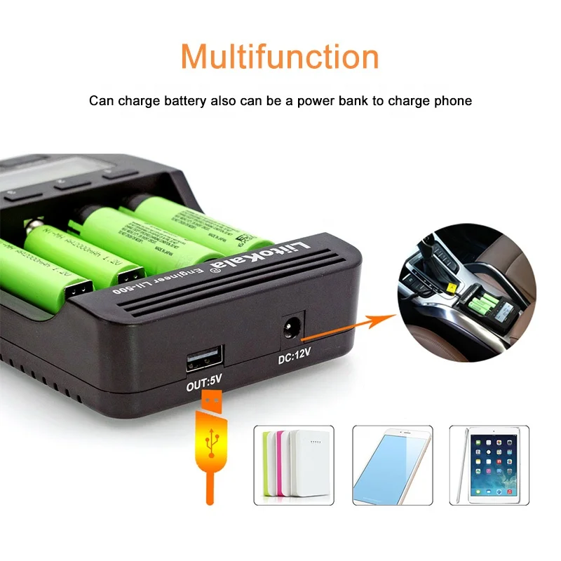 

LiitoKala Lii-500 3.7V 1.2V Charger LCD 12V 2A Car Adapter for RC Parts Accs Compatible 18650 26650 16340 14500 10440 18500 AA