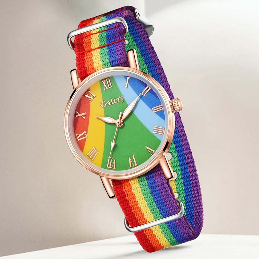 مجموعة ساعات نسائية عصرية مكونة من 4 قطع، مجموعة أساور كوارتز عصرية وشخصية من عناصر قوس قزح، هدية مثالية #3