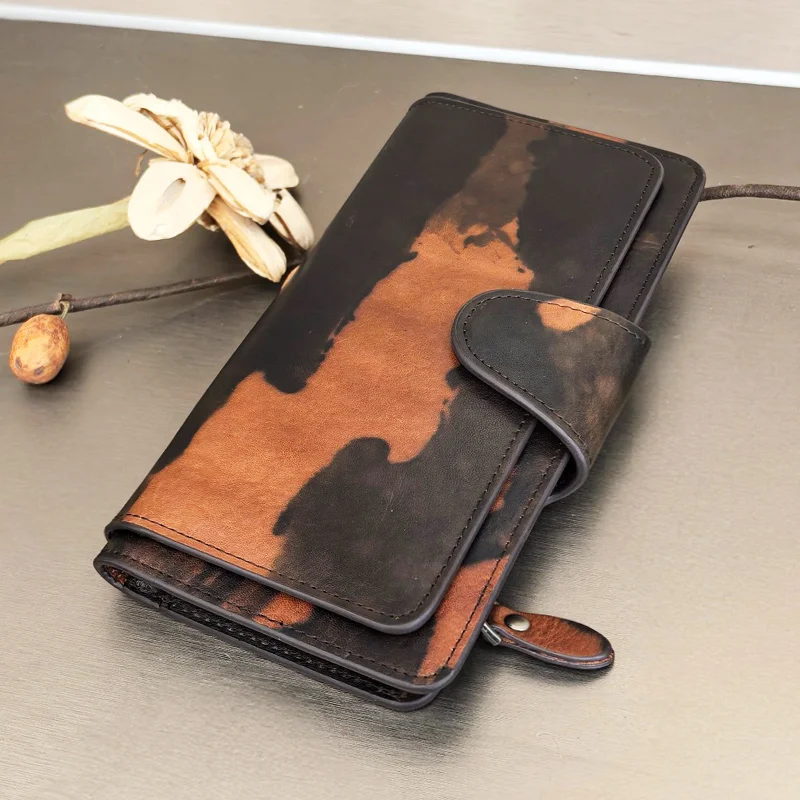 Leather long Women's wallet Vintage plant tanned top layer cowhide clutch bag Large capacity multi slot wallet