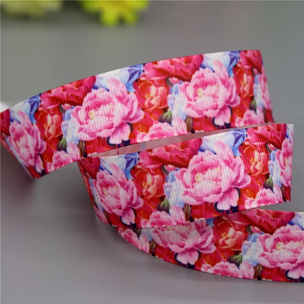 DHK 7/8\'\' 5yards Floral Flower Printed Grosgrain Ribbon Accessories Headwear Decoration Collar DIY Sewing Craft E2153