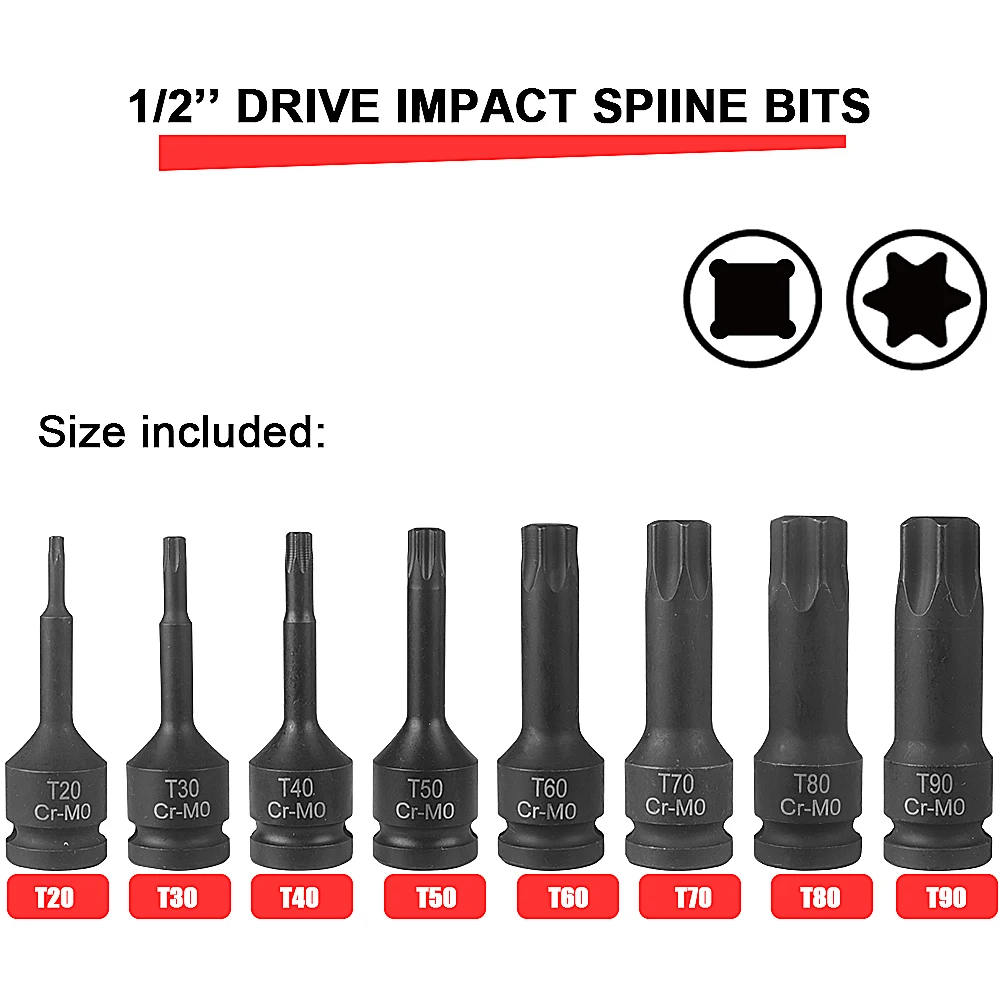 WOZOBUY 8pcs Impact Hex Allen Bit or Torx Bit Socket Set or XZN Triple Square Spline Bit Socket Set 1/2 inch Drive,Cr-Mo Steel