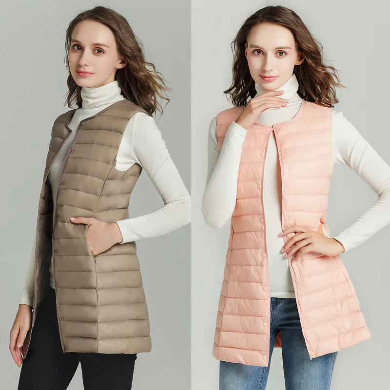 

Пуховый жилет, женский средний и длинный корейский вариант, модный универсальный жилет без воротника с круглым вырезом, теплая куртка на белом утином пуху