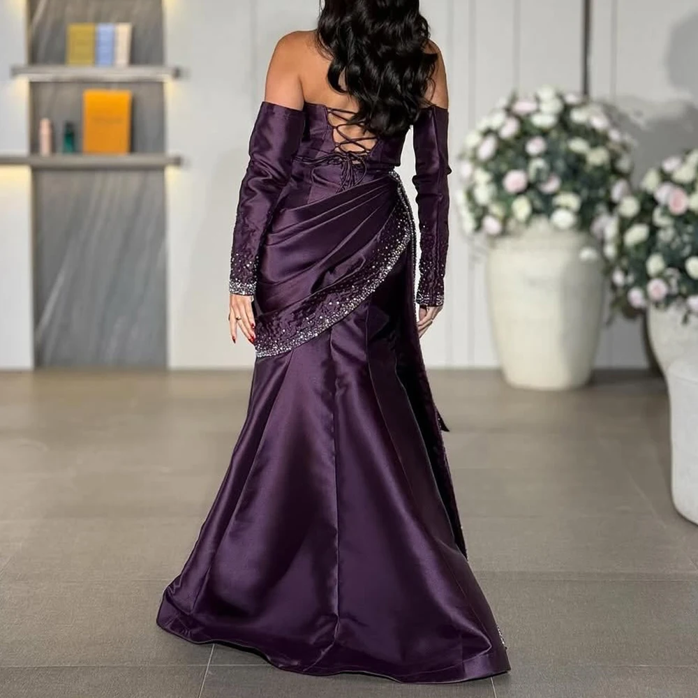 Abiti da sera a trapezio personalizzati Abito da ballo a maniche lunghe senza spalline lungo fino al pavimento Abito da festa con lacci senza schienale in cristallo di moda