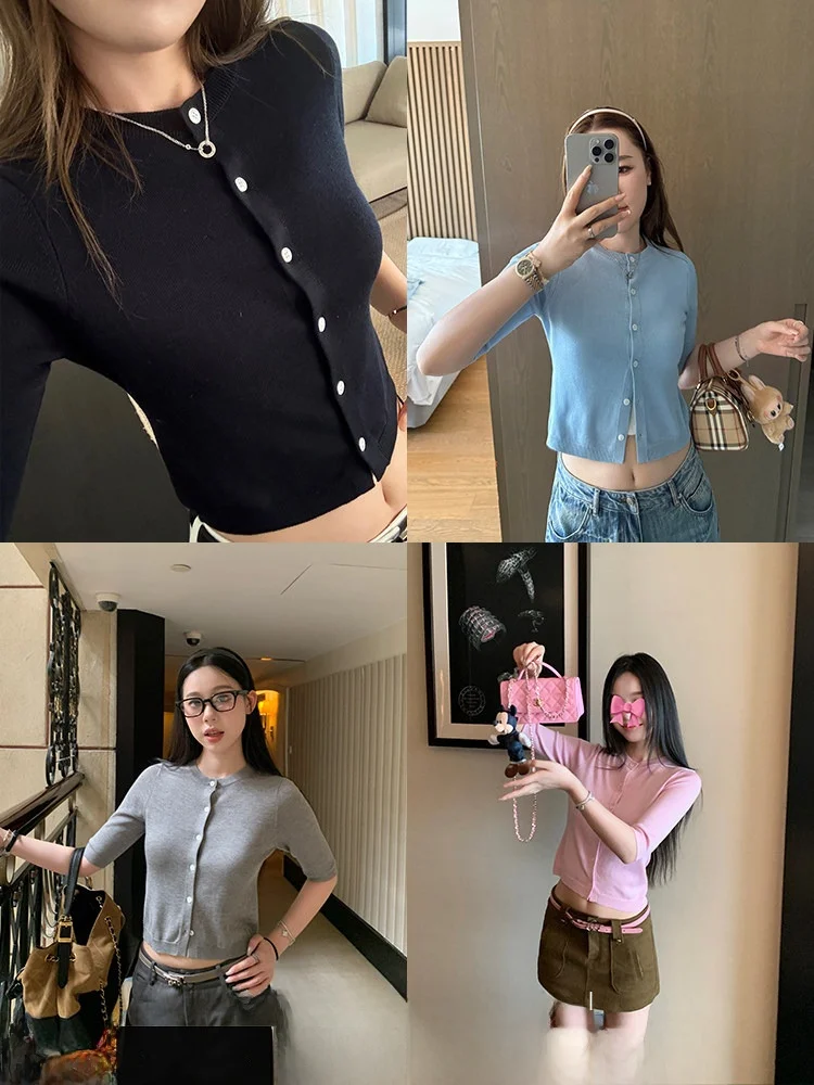 

Xzichic Silk Wool Knitted ort Sve round Ne Open Cardigan Women Slimming mid Sve ort Length Top Korean Sle Commute