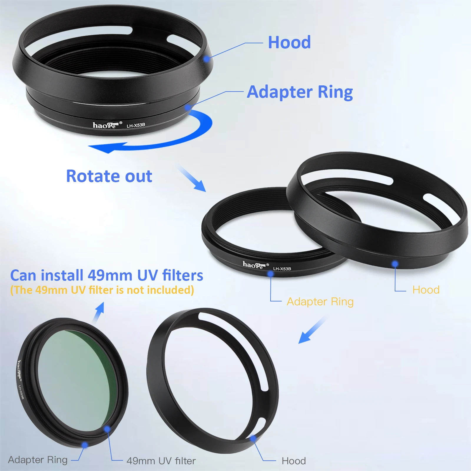 Haoge-cubierta de lente 3 en 1 con anillo adaptador, conjunto de tapa para cámara Fujifilm Fuji X100VI, LH-X53B negro