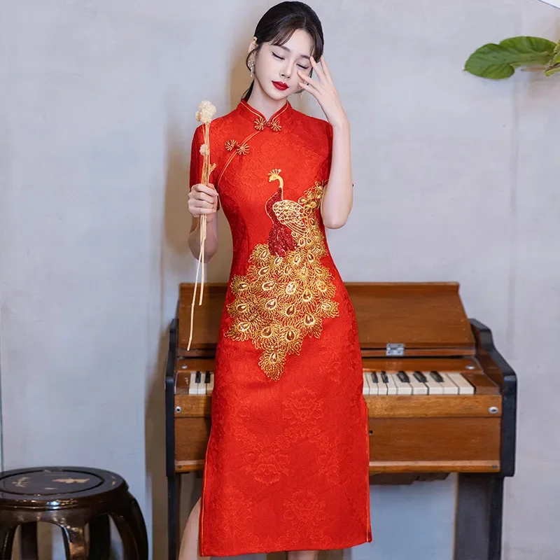 

New Year Red Lace Golden Peacock Embroidery Improved Cheongsam Summer Retro Chinese Style Wedding Qipao Chinese wedding Dress