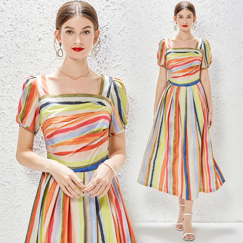 

Rainbow Colorful Striped Big Swing Women Summer High Street Dresses Glam Backless Square Collar Puff Sleeve Cute Casual Vestidos