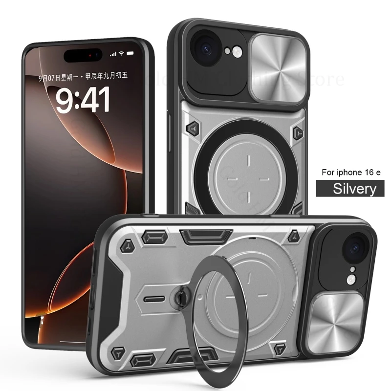 

For iPhone 16e SE4 Push Window Armor Magnetic Kickstand Case For Apple 14 13 15 Pro Max 16 Plus Alloy Ring Holder Stand PC Cover