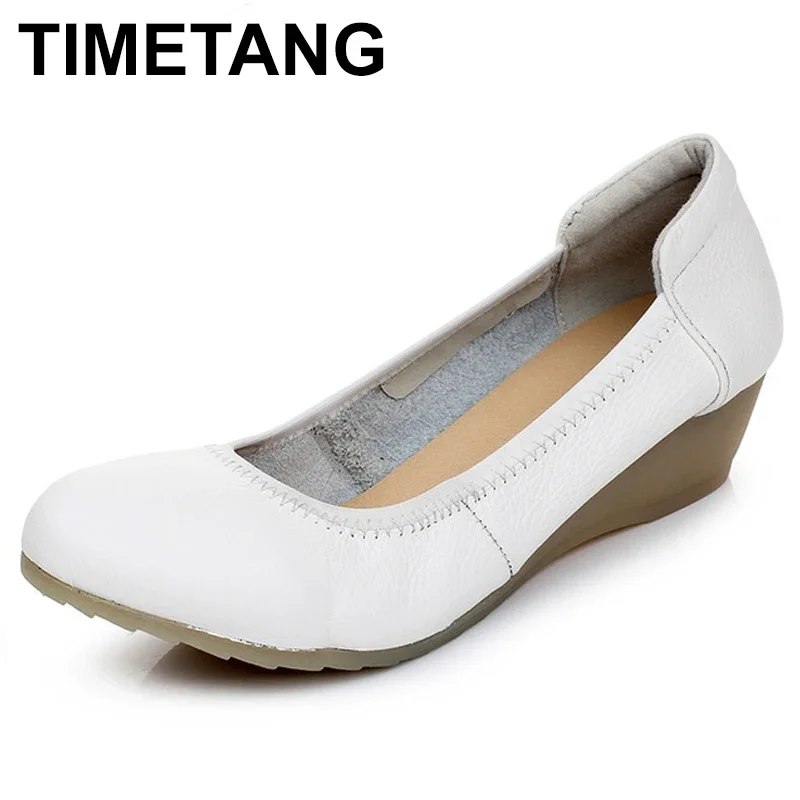 

TIMETANG New Fashion Wedges Genuine Leather Women Pumps White Work shoes Spring /Autumn Casual shoes Woman Nurse shoes