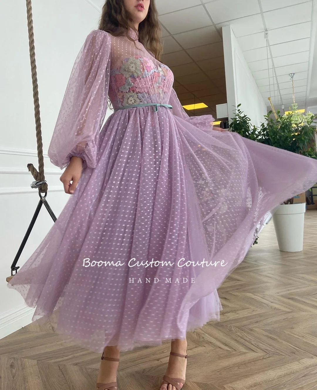 Lavender Tinggi Leher Prom Gaun Lengan Panjang Polka Dots Tulle Teh-Panjang Gaun Malam Warna-warni Appliques Formal Pesta Busana