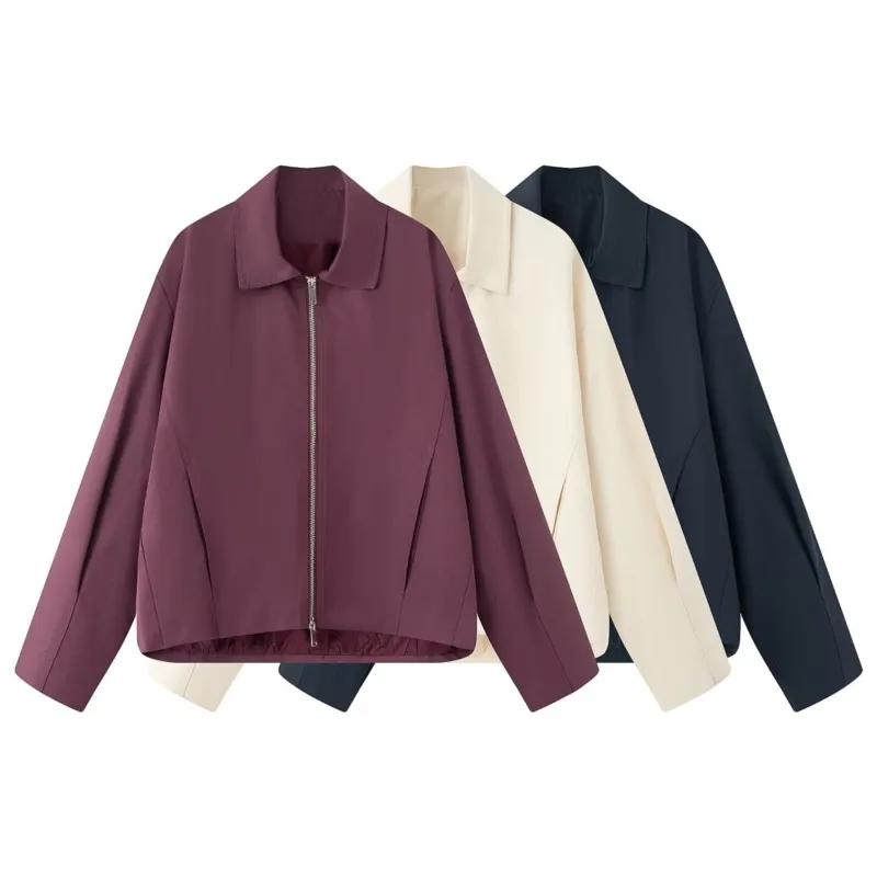 

Women Bomber Jacket Autumn Fashion Turn Down Collar Short Jacket With Zipper Pocket Long Sleeve Causal Simple Female Chic Jacke