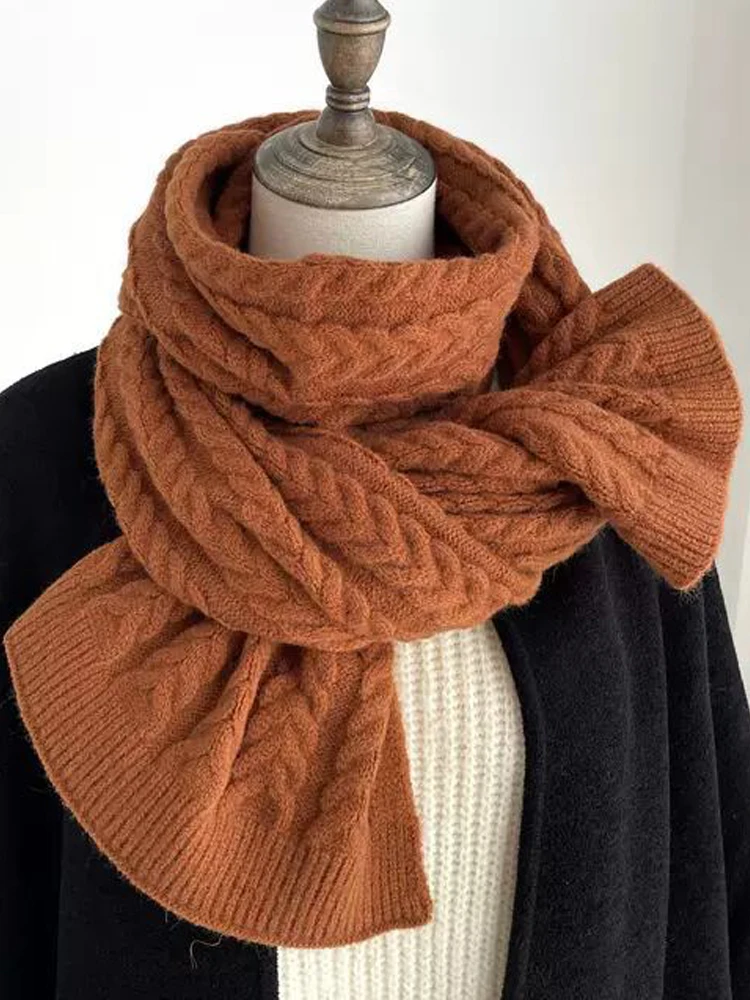 

Retro Solid Color Twist Knit Grain Thread Fashion Comfortable Simple Women Scarf Autumn Winter Thickened Warm Collar Long Shawl