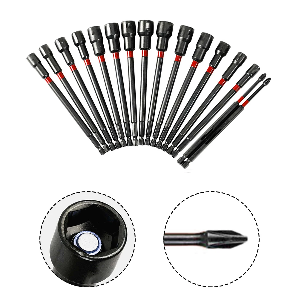 16pcs 6Inch Long Shank Magnetic 1/4inch Hex Shank Nut Driver Kit For Impact Drill Socket Long Magnetic Nut Driver Hand Tools