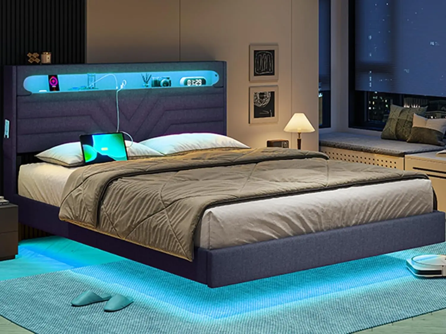 Large floating bed frame with RGB LED light headboard, USB-C/A power combination, linen cushioned platform bed