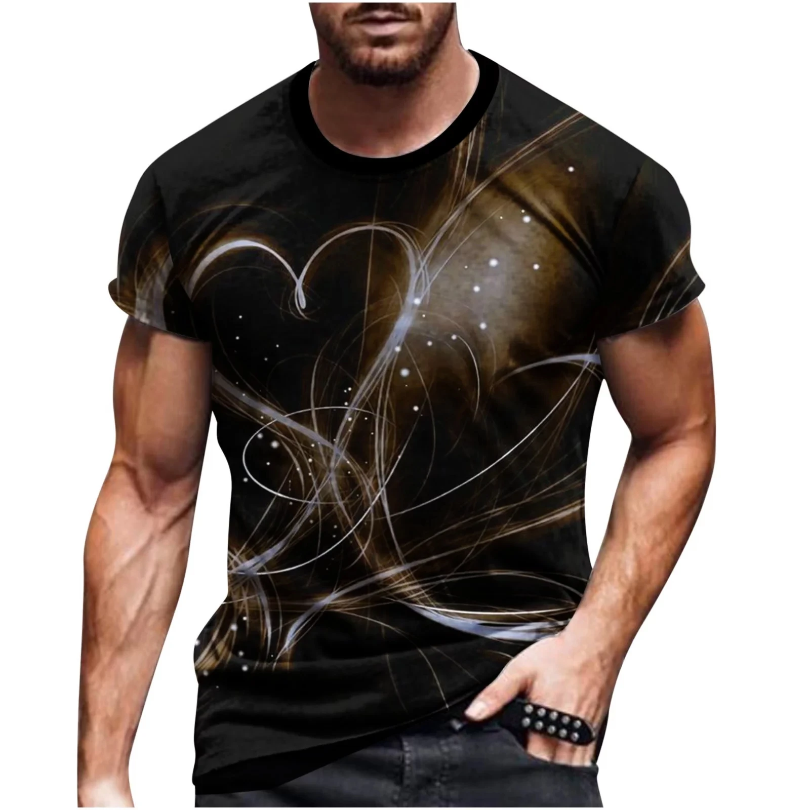 Mens Shirts 3D Digital Dazzled Line Printing Round Neck Short Sleeve Tops Summer Casual Slim Fit Workout Athletic T Shirt