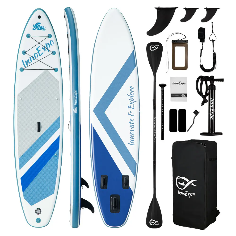 Planche de paddle gonflable InnoExpo, planche de SUP antidérapante avec accessoires, planche de paddle portable pour le surf, le tourisme, la pêche, le yoga et les sports nautiques.