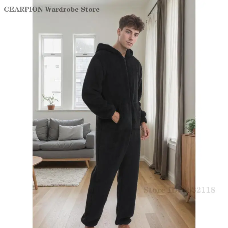 Autunno Inverno Uomo Spessore Corallo Pile Degli Indumenti Da Notte Con Cappuccio Caldo Pigiama di Un Pezzo Maschile Plus Size Indumenti Da Letto Allentato Casual Abbigliamento Per La Casa