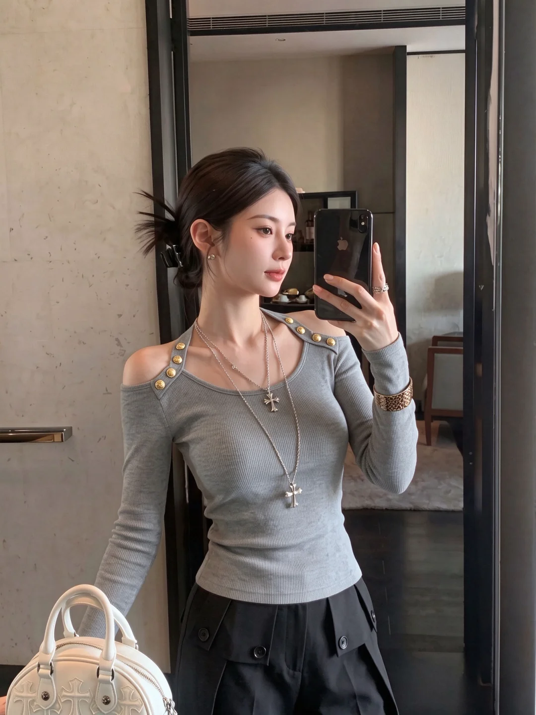 Chic Grey Long Sleeve U-Neck T-Shirt Women's Slim Fit Autumn Base Shirt Casual Style Boring Series Lady Top Korean Style