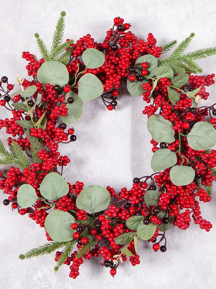 

Декоративный венок Cisas с красными ягодами и эвкалиптом для двери, стены, праздничное украшение для дома и окна