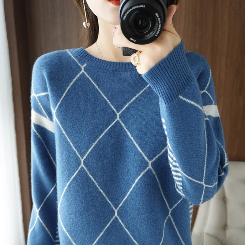 

Autumn and Winter New Women's Round Neck 100% Pure Wool Pullover Plaid Color Matching Knitted Sweater Ladies Bottoming Shirt