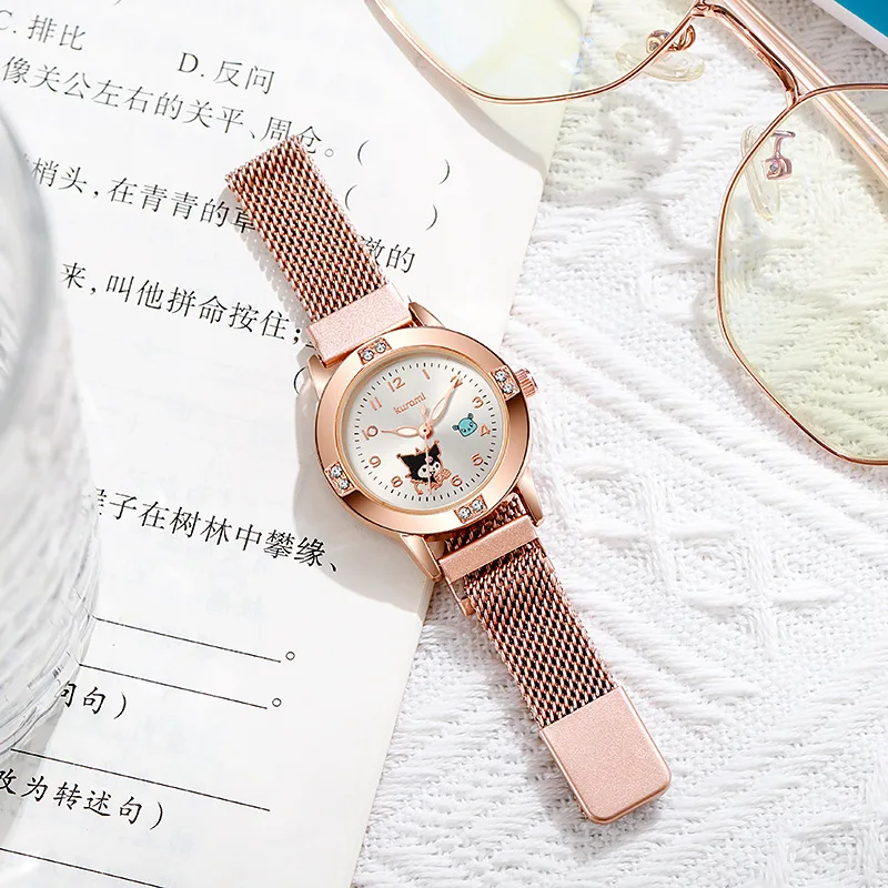 Sanrio Hello Kitty Cartoon Rose Gold Diamond Women's Watch Kulomie Fashion Trend Quartz Watch