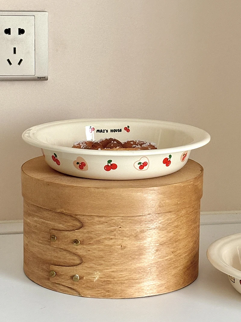 

Эмалированное блюдо для завтрака/выпечки/десертов в форме шляпы с вишнями, круглое, для пожилых людей, посуда и столовые приборы