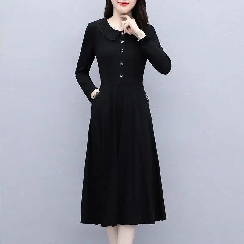 

2023 Spring and Autumn Foreigner Oversize Round Neck Panel Button Closure Waist Shows Slim Covering Belly Style Big Swing Dress