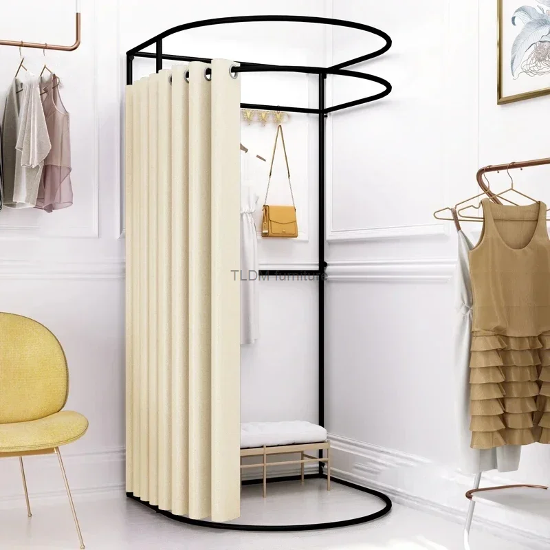 Fitting Room Storage Racks Shopping Mall Clothing Store Dressing Room Display Rack Curtain Movable Portable Floor Shelves C