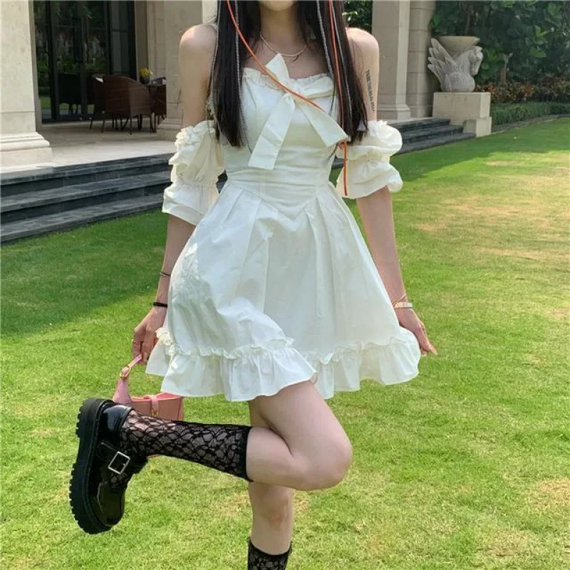 

Dress Women Fashion Slim A-line High Waist Solid Creativity Above Knee Summer Simple Bow Student Sweet Korean Style Vestidos Y2k