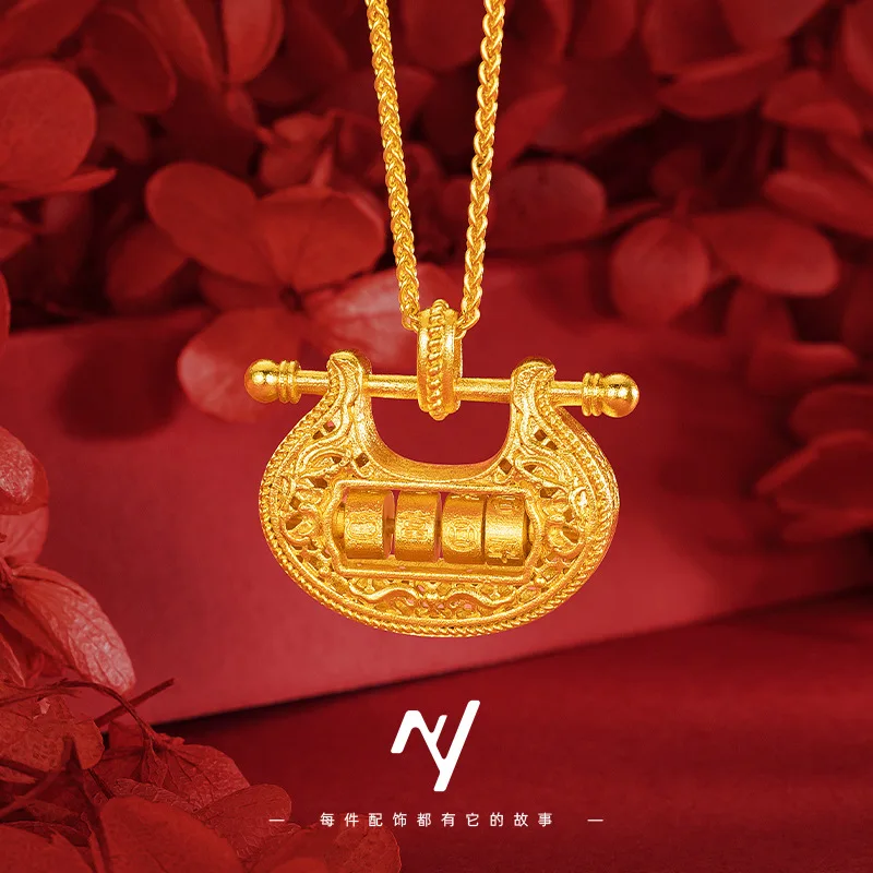 Vietnam sand gold can turn hollow flower silk age peace wealth lock bag pendant collarbone necklace 9999gold