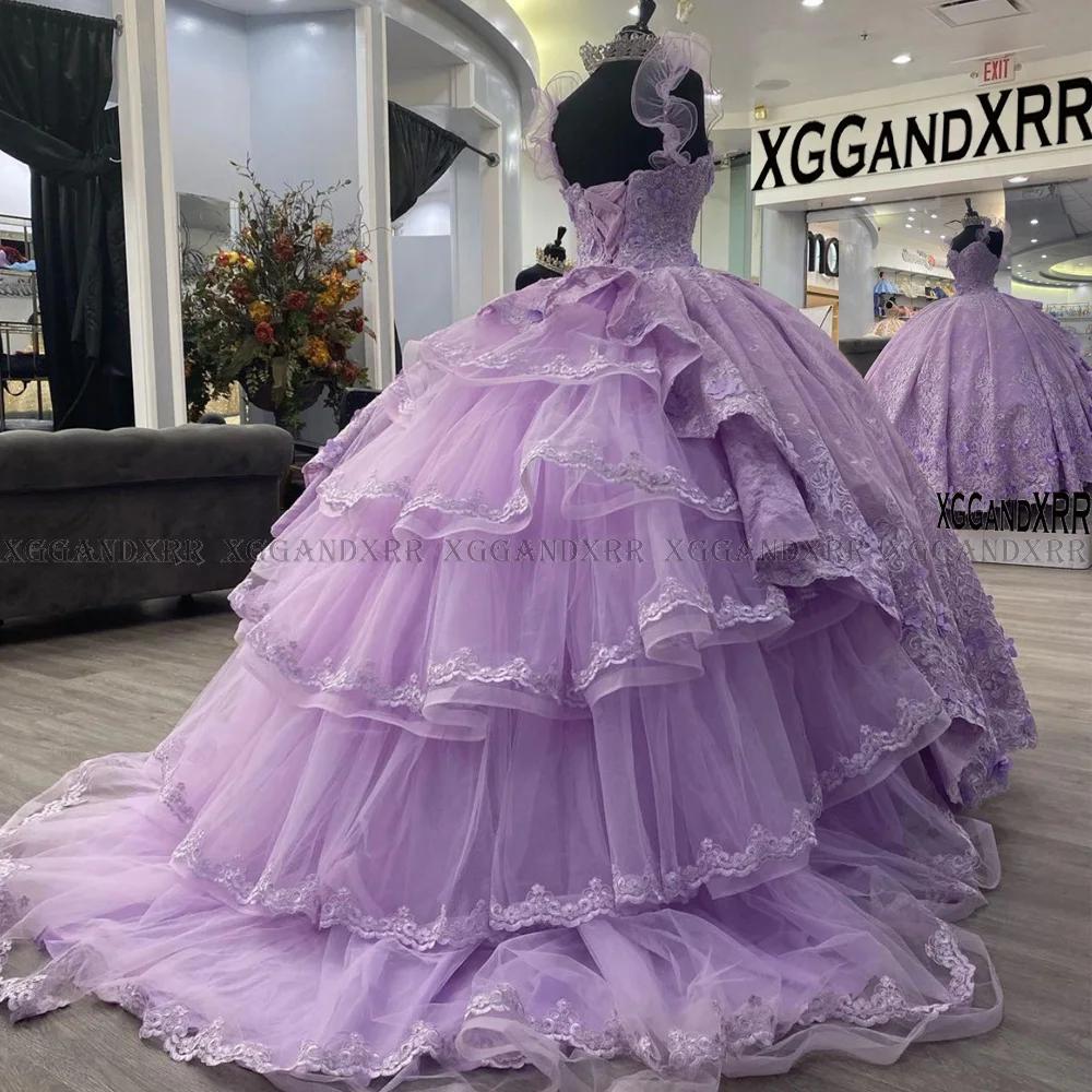 Lavender Quinceanera Dress 2022 Sweet 16 Ruffle Layers Train Birthday Prom Party Gown Lace Applique Flower Beaded Graduation 7th