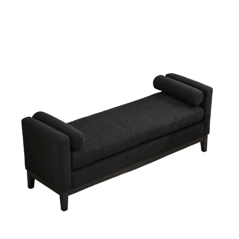 Elegant Upholstered Bench,Daybed, Ottoman with Wood Legs & 2 Bolster Pillows for End of Bed, Bedroom, Entryway,Black Boucle
