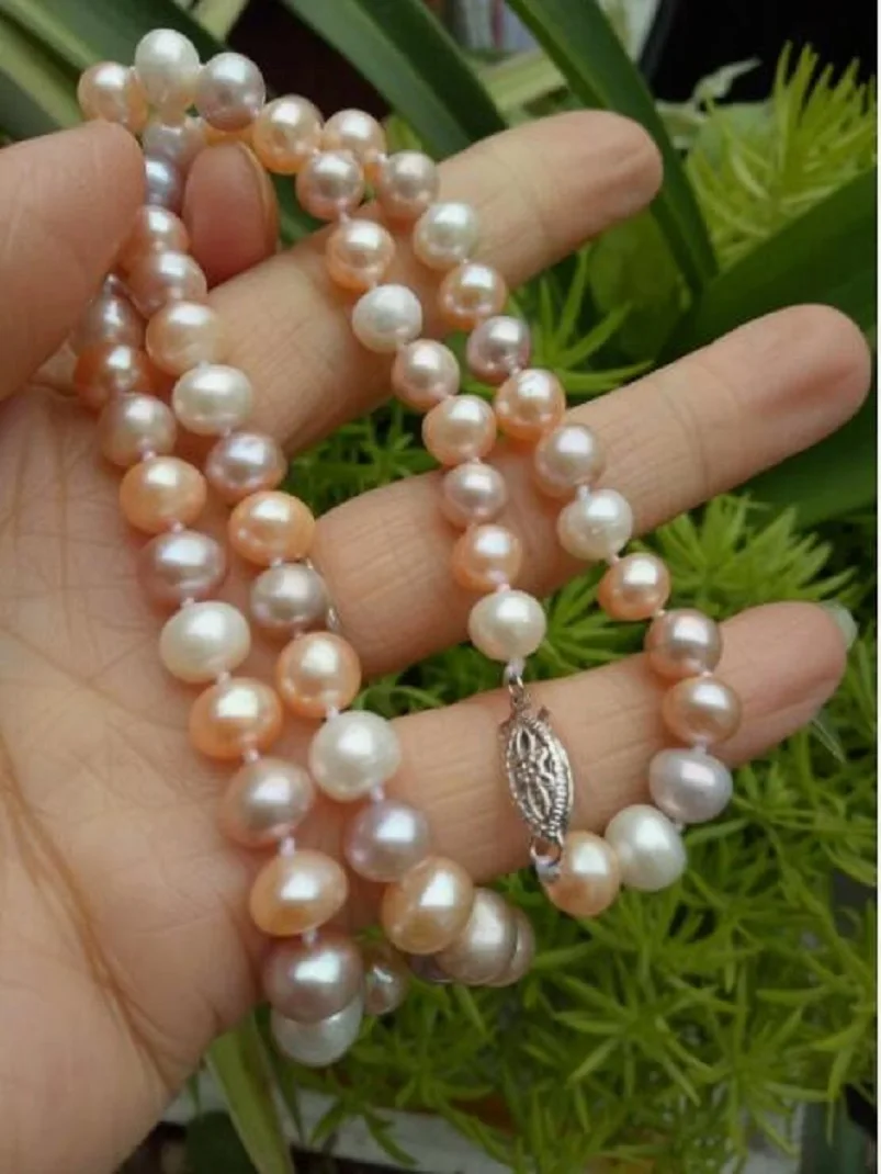 Fashion Jewelry natural AAA 8-7mm south sea white pink purple multicolor pearl necklace 18