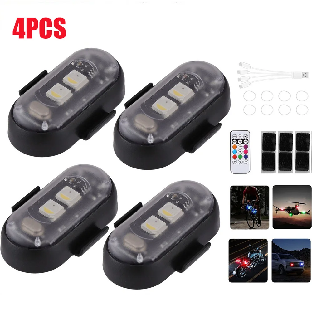 4 قطعة ضوء الديكور سيارة جو مصباح لاسلكي LED ستروب أضواء 8 ألوان تحذير ضوء للدراجات النارية سيارة الطائرات الدراجة
