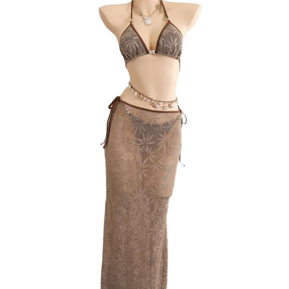 Women Khaki Crochet 3 Piece Bikini Set Halter Triangle Swimsuit Tie Side Beach Maxi Cover Up Skirt Hollow Out Swimwear Summer
