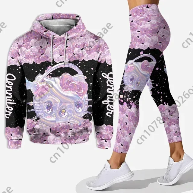 2024 Disney Hello Kitty 3D Kitty Cat felpa con cappuccio tuta da donna pantaloni da Yoga pantaloni sportivi tuta sportiva di moda