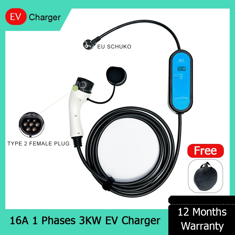 

Portable Wallbox Charger 16A 220V 3KW Type 2 IEC62196-2 Portable EV Charging Cable 5M TPE Cable EU Schuko For Electric Vehicles