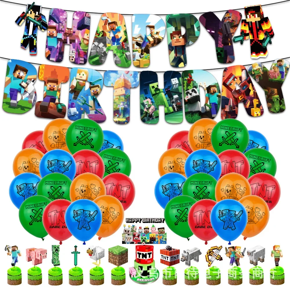 Hot Game Minecraft Birthday Banner Party Supplies Cartoon Paper Plates Decor Background boys party