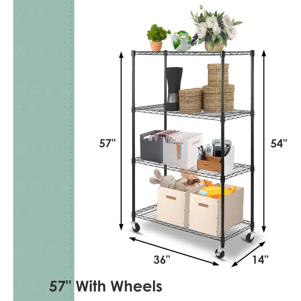 Verstelbare, robuuste metalen rek met wielen, 36W x 14D x 57H voor thuis-, kantoor-, garage- en keukenorganisatie