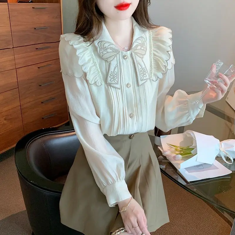 Elegant Peter Pan Collar Embroidery Folds Ruffles Shirts Women\'s Clothing 2023 Autumn Winter New Korean Tops Office Lady Blouses